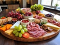 Appetizers board with assorted cheese, sliced cured meat, grape, crackers, nuts and other snacks. Charcuterie and cheese platter