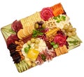 Appetizers boards with assorted cheese, meat, grape and nuts. Charcuterie and cheese platter. Top view on white background