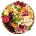 Appetizers boards with assorted cheese, meat, grape and nuts. Charcuterie and cheese platter. Top view on white background.