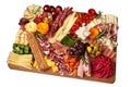 Appetizers boards with assorted cheese, salami, ham, grape and nuts. Charcuterie and cheese platter. Top view. Isolated