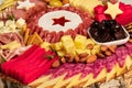 Appetizers boards with assorted cheese, salami, ham, olives and nuts. Charcuterie and cheese platter for Christmas dinner