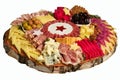 Appetizers boards with assorted cheese, salami, ham, olives and nuts. Charcuterie and cheese platter. Isolated on a white