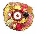 Appetizers boards with assorted cheese, salami, ham, olives and nuts. Charcuterie and cheese platter. Isolated on a white