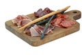 Appetizers boards with assorted meat and salami. Charcuterie platter. Isolated on a wooden board