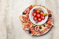 Appetizers. Bruschetta, cold cuts of prosciutto from Parma, cheese, tuna fish Royalty Free Stock Photo