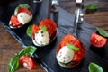 Appetizers with mozzarella and tomato on spoon - selective focus Royalty Free Stock Photo