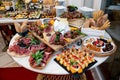 Appetizers with prosciutto,salami and ham on a round table