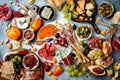 Appetizers table with antipasti snacks. Bruschetta or authentic traditional spanish tapas set, cheese and meat platter Royalty Free Stock Photo