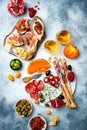 Appetizers table with antipasti snacks and wine in glasses. Bruschetta or authentic traditional spanish tapas set Royalty Free Stock Photo