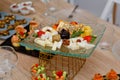 Appetizers table with differents antipasti, charcuterie, snacks and cheese. Buffet party. Top view, copy space, negative space Royalty Free Stock Photo