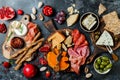 Appetizers table with italian antipasti snacks. Brushetta or authentic traditional spanish tapas set, cheese variety board