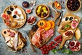 Appetizers table with italian antipasti snacks. Brushetta or authentic traditional spanish tapas set, cheese variety board Royalty Free Stock Photo