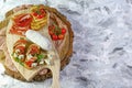 Appetizers table with italian antipasti snacks. Brushetta or authentic traditional spanish tapas set, cheese variety board over gr Royalty Free Stock Photo