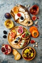 Appetizers table with italian antipasti snacks. Brushetta or authentic traditional spanish tapas set, cheese variety board Royalty Free Stock Photo