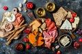 Appetizers table with italian antipasti snacks and wine in glasses. Brushetta or authentic traditional spanish tapas set Royalty Free Stock Photo