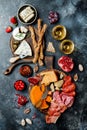 Appetizers table with italian antipasti snacks and wine in glasses. Brushetta or authentic traditional spanish tapas set Royalty Free Stock Photo