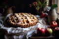 An appetizing apple pie sits on a wooden table, accompanied by a fresh selection of apples., A rustic homemade apple pie on a