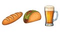 Appetizing array of culinary delights: bread, taco, and foamy beer mug. Royalty Free Stock Photo