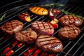 An appetizing array of steaks and vegetables grilling on an outdoor barbecue, creating irresistible flavors, Beef steak and