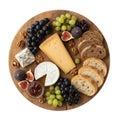 Appetizing artisan cheese plate gourmet appetizer with grape, bread, walnut, and fig, rustic food board Royalty Free Stock Photo