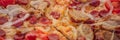 Appetizing background pepperoni pizza closeup filling the frame BANNER, LONG FORMAT