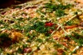 Pizza background - macro shot delicious italian pizza Royalty Free Stock Photo