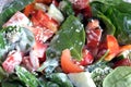 Tasty background. Light vegetarian salad from raw fresh vegetables with greens and yogurt top view closeup Royalty Free Stock Photo