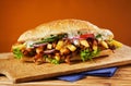 Appetizing baguette with BBQ beef and veggies