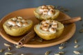 Appetizing baked apples with cottage cheese, cinnamon and marshmallows