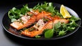 Appetizing baked salmon with green herbs served on dark plate. Generative AI