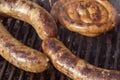 Pork And Chicken Sausages Cooking Over The Hot Coals on Barbeque Grill