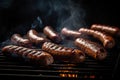 Appetizing barbecue sausages on the grill with fire. Generative ai