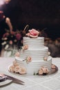 Appetizing beautiful big layered sweet wedding cake covered by white cream decorated dessert flower