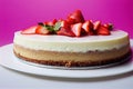 Appetizing beautiful cheesecake decorated with fragrant bright strawberries