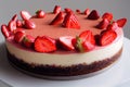 Appetizing beautiful cheesecake decorated with fragrant bright strawberries
