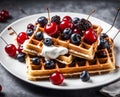 Appetizing beautiful waffles with whipped cream, cherries and other berries on a plate, dessert food photo