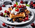 Appetizing beautiful waffles with whipped cream, cherries and other berries on a plate, dessert food photo