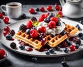 Appetizing beautiful waffles with whipped cream, cherries and other berries on a plate, dessert food photo