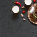 Appetizing beef steaks, beer and rosemary. top veiw Royalty Free Stock Photo