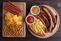 Appetizing beer snacks set for big company of friends. Grilled s Royalty Free Stock Photo