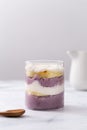 Appetizing blueberry trifle dessert in a glass cup, offering plenty of copy space