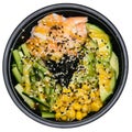 Appetizing bowl with shrimp, avocado, sesame, corn, cucumber and nori doused in a sweet sauce, in a plastic takeaway Royalty Free Stock Photo