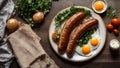 Appetizing breakfast fried eggs, sausages, tomatoes in the kitchen