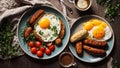 Appetizing food gourmet eggs, sausages, tomatoes in the kitchen tasty delicious