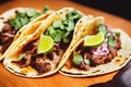 Appetizing bright tacos mexican with lime folded on yellow background