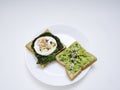 Appetizing bruschetta with egg and avocado on a plate