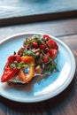 Appetizing bruschetta on a white plate. restaurant server Royalty Free Stock Photo