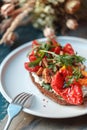 Appetizing bruschetta on a white plate. restaurant server Royalty Free Stock Photo