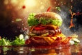 Appetizing burger with beef patty, cheese and vegetables. takeaway fast food concept