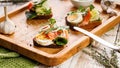 Appetizing canapes or sandwiches with smoked salmon. Toast with fish, soft cheese, eggs, onion rings and salad